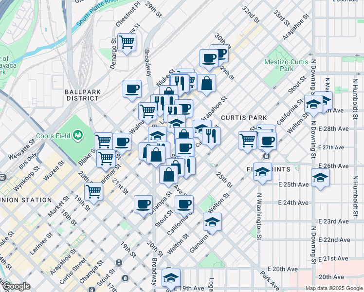 map of restaurants, bars, coffee shops, grocery stores, and more near 2409 Arapahoe Street in Denver