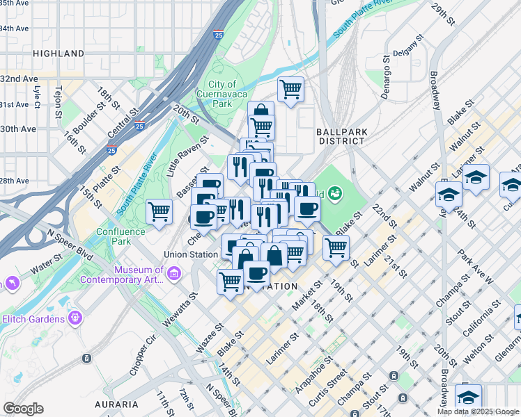 map of restaurants, bars, coffee shops, grocery stores, and more near 1901 19th Street in Denver