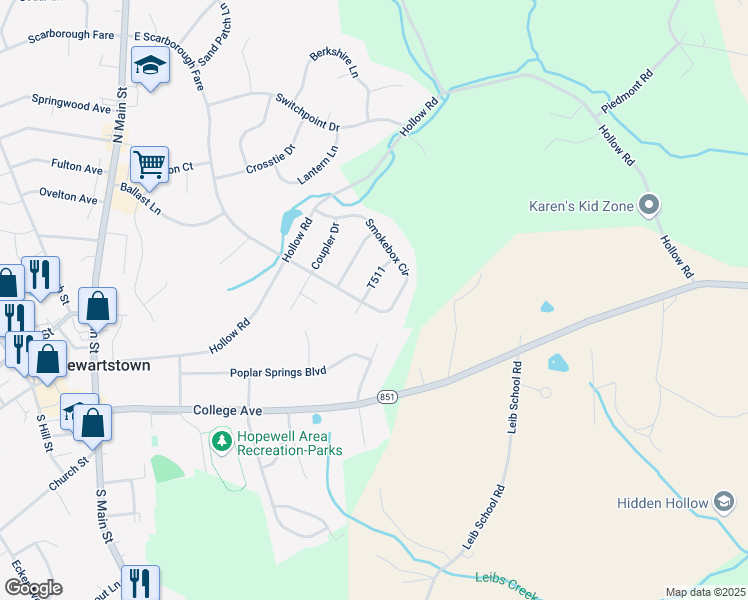 map of restaurants, bars, coffee shops, grocery stores, and more near 73 Smokebox Circle in Stewartstown