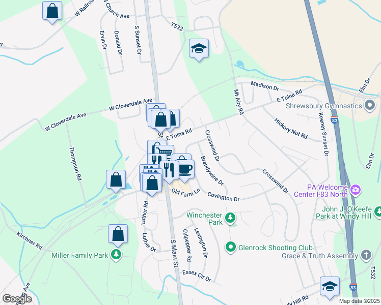 map of restaurants, bars, coffee shops, grocery stores, and more near 19 Covington Dr in Shrewsbury