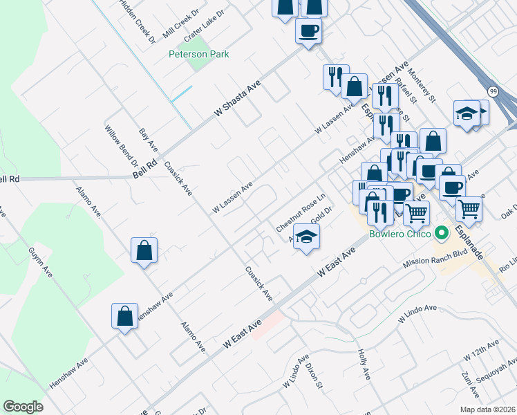 map of restaurants, bars, coffee shops, grocery stores, and more near 27 Northwood Commons Place in Chico