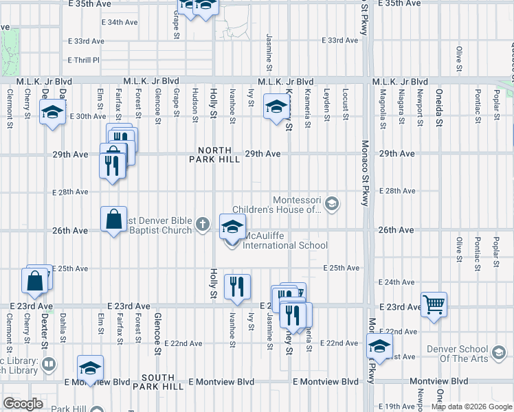 map of restaurants, bars, coffee shops, grocery stores, and more near 2673 Jasmine Street in Denver