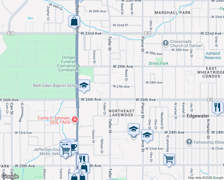 map of restaurants, bars, coffee shops, grocery stores, and more near 2660 Teller Street in Wheat Ridge