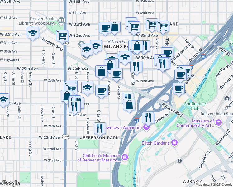 map of restaurants, bars, coffee shops, grocery stores, and more near 2695 Alcott Street in Denver