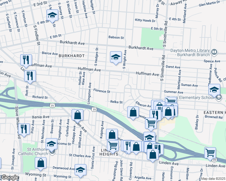 map of restaurants, bars, coffee shops, grocery stores, and more near 1347 Florence Avenue in Dayton