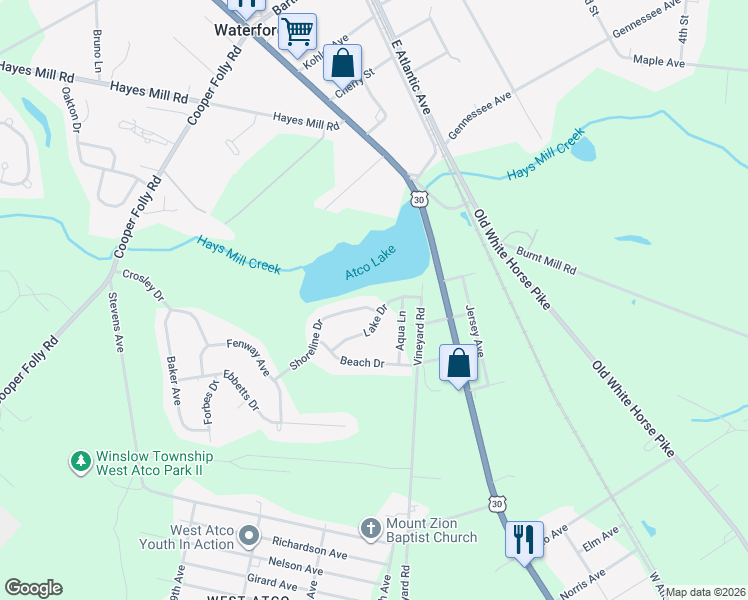map of restaurants, bars, coffee shops, grocery stores, and more near 86 Shoreline Drive in Waterford