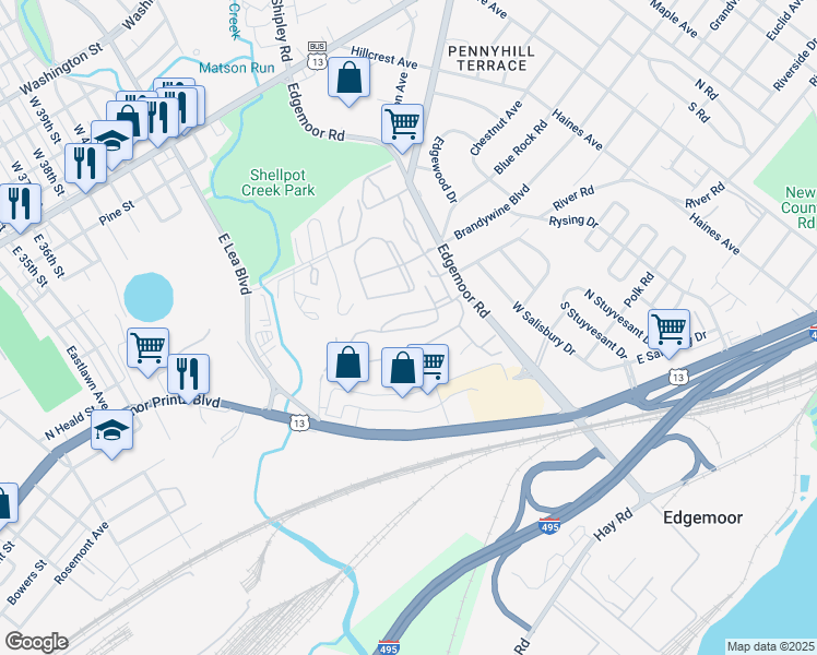 map of restaurants, bars, coffee shops, grocery stores, and more near 3701 Eastview Lane in Wilmington