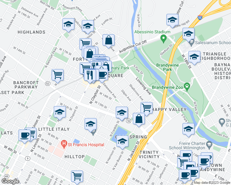 map of restaurants, bars, coffee shops, grocery stores, and more near 1405 Delaware Avenue in Wilmington