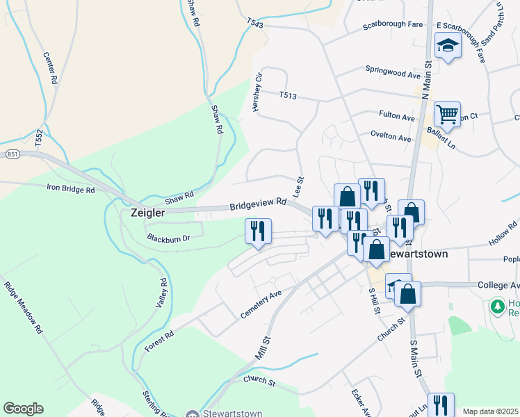 map of restaurants, bars, coffee shops, grocery stores, and more near 4570 Bridgeview Road in Stewartstown