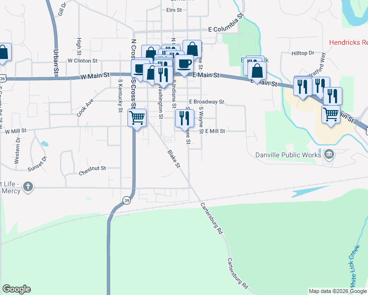 map of restaurants, bars, coffee shops, grocery stores, and more near 455 South Tennessee Street in Danville