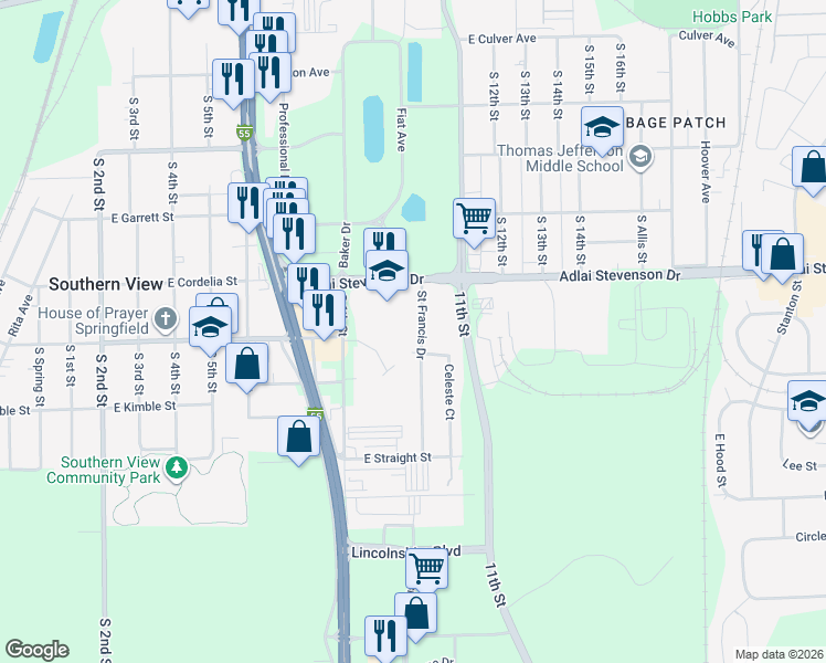 map of restaurants, bars, coffee shops, grocery stores, and more near 3221 Saint Francis Drive in Springfield