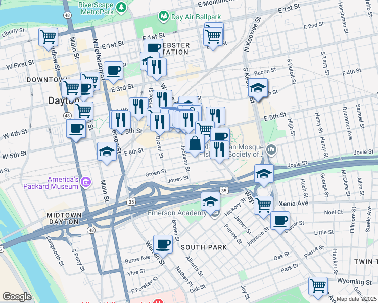 map of restaurants, bars, coffee shops, grocery stores, and more near 12 Van Buren Street in Dayton