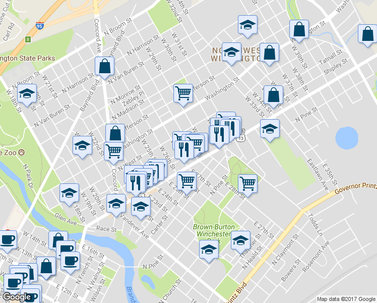 map of restaurants, bars, coffee shops, grocery stores, and more near 2708 Tatnall Street in Wilmington