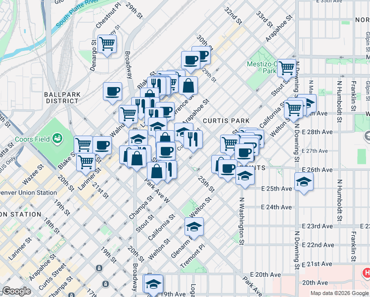 map of restaurants, bars, coffee shops, grocery stores, and more near 2525 Curtis Street in Denver