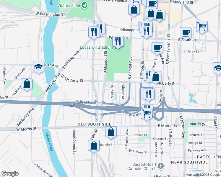 map of restaurants, bars, coffee shops, grocery stores, and more near 825 Meikel Street in Indianapolis
