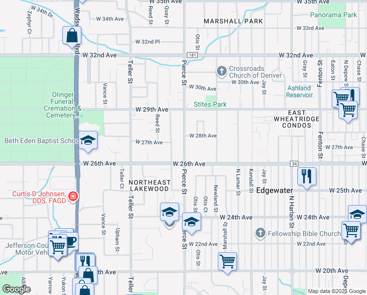 map of restaurants, bars, coffee shops, grocery stores, and more near 2653 Pierce Street in Wheat Ridge