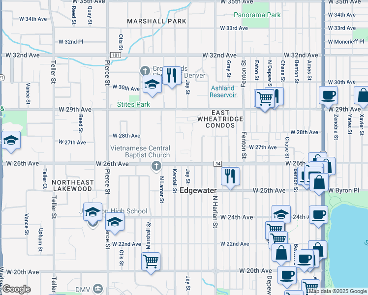 map of restaurants, bars, coffee shops, grocery stores, and more near 6201 West 26th Avenue in Denver