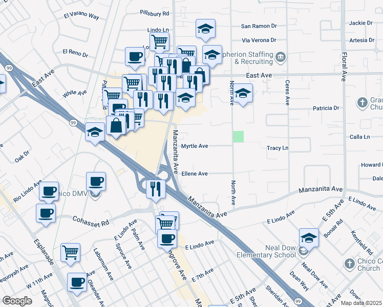 map of restaurants, bars, coffee shops, grocery stores, and more near 963 Myrtle Avenue in Chico