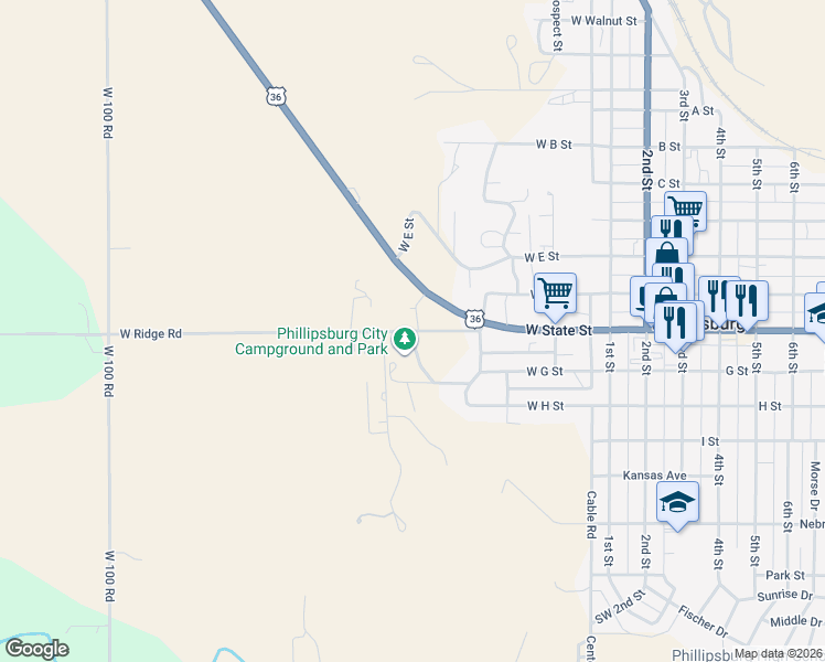 map of restaurants, bars, coffee shops, grocery stores, and more near West Ridge Road in Phillipsburg