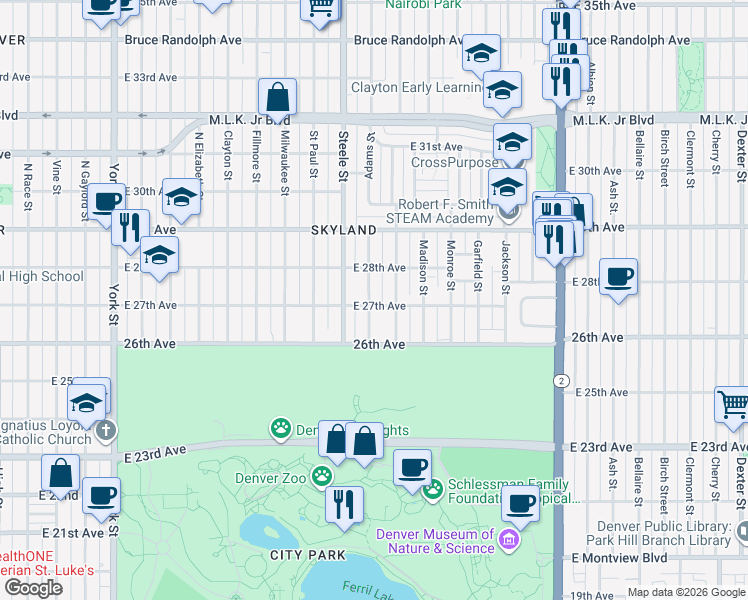 map of restaurants, bars, coffee shops, grocery stores, and more near 3243 East 27th Avenue in Denver