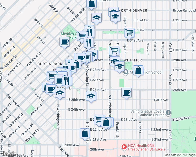 map of restaurants, bars, coffee shops, grocery stores, and more near 1325 East 27th Avenue in Denver