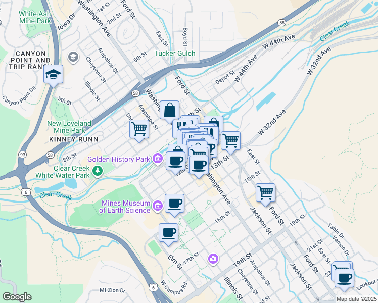 map of restaurants, bars, coffee shops, grocery stores, and more near 1104 Washington Avenue in Golden