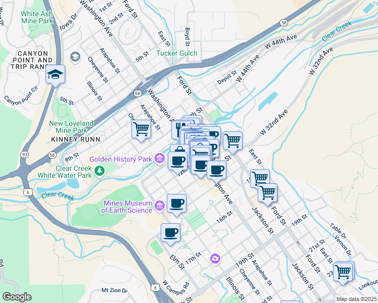 map of restaurants, bars, coffee shops, grocery stores, and more near 1104 Washington Avenue in Golden