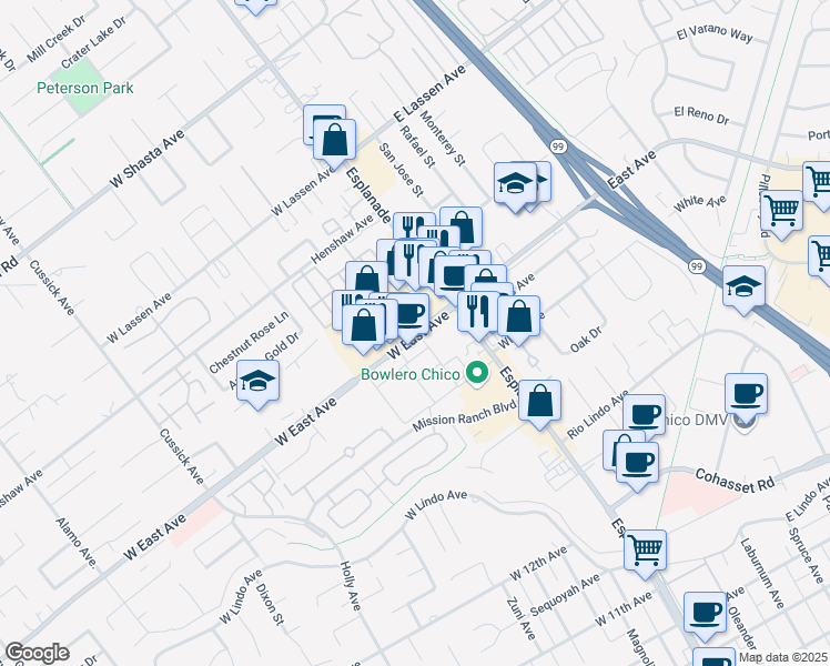 map of restaurants, bars, coffee shops, grocery stores, and more near 170 West East Avenue in Chico