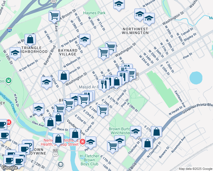 map of restaurants, bars, coffee shops, grocery stores, and more near 2708 Tatnall Street in Wilmington