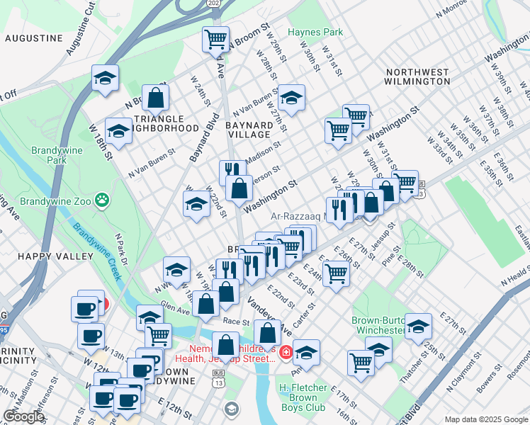 map of restaurants, bars, coffee shops, grocery stores, and more near 2312 Washington Street in Wilmington