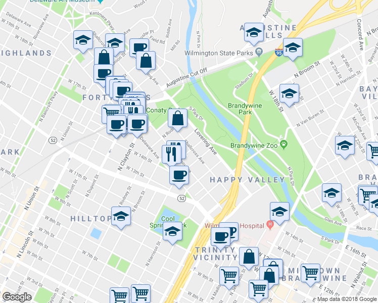 map of restaurants, bars, coffee shops, grocery stores, and more near 1612 Hancock Street in Wilmington