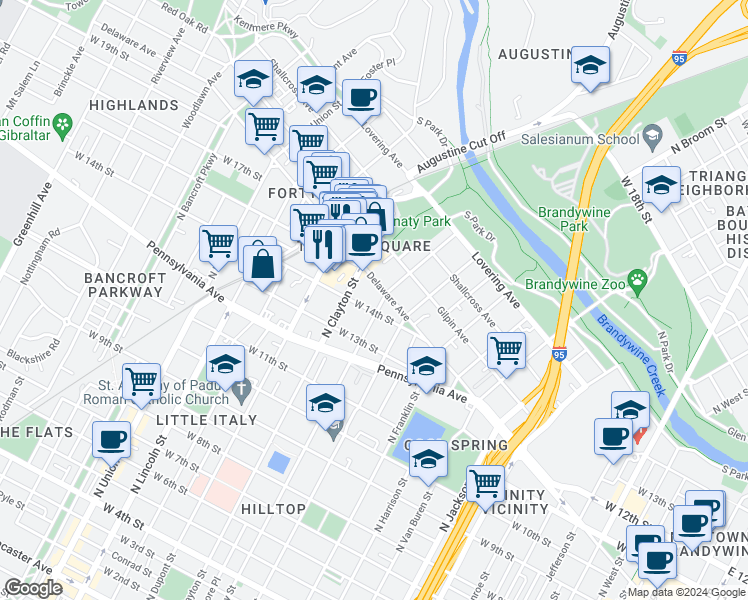 map of restaurants, bars, coffee shops, grocery stores, and more near 1500 Delaware Avenue in Wilmington