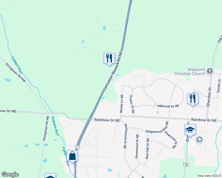 map of restaurants, bars, coffee shops, grocery stores, and more near 2190 Lancaster-Newark Road Northeast in Lancaster