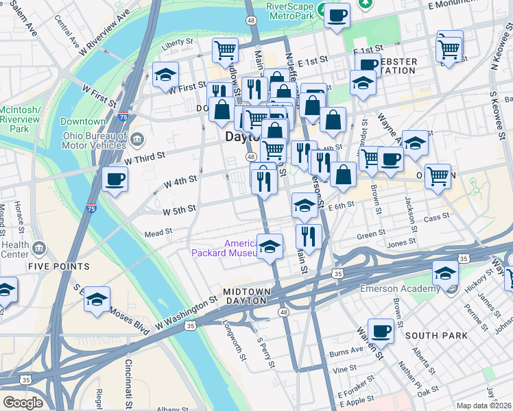 map of restaurants, bars, coffee shops, grocery stores, and more near 116 West 5th Street in Dayton