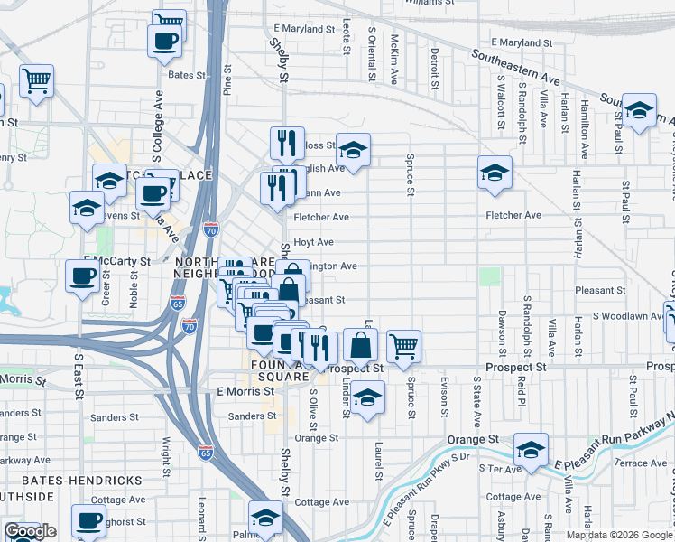 map of restaurants, bars, coffee shops, grocery stores, and more near 1219 Lexington Avenue in Indianapolis
