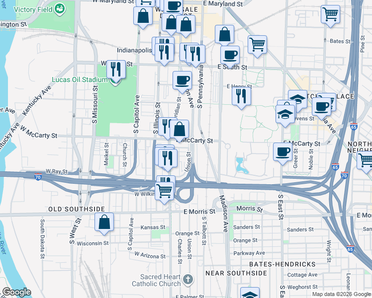 map of restaurants, bars, coffee shops, grocery stores, and more near 25 East McCarty Street in Indianapolis