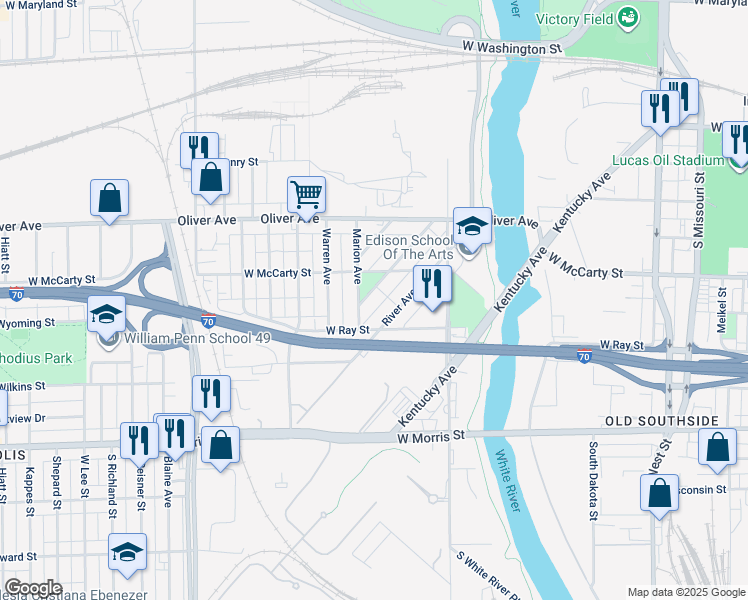 map of restaurants, bars, coffee shops, grocery stores, and more near 835 Birch Avenue in Indianapolis