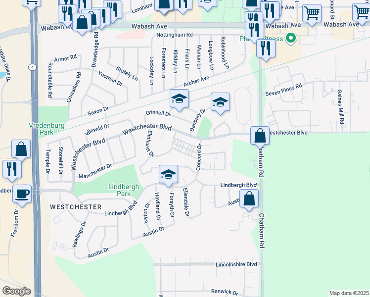 map of restaurants, bars, coffee shops, grocery stores, and more near 2220 Westchester Boulevard in Springfield