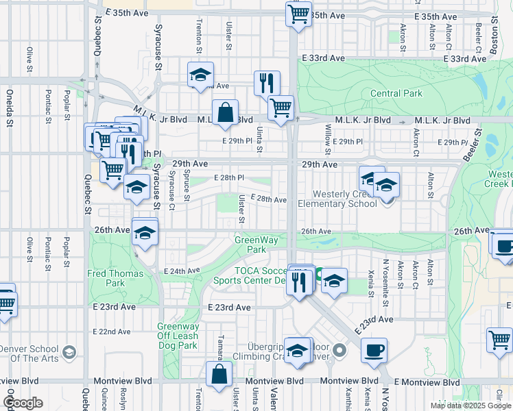 map of restaurants, bars, coffee shops, grocery stores, and more near 4909 Uinta Street in Denver