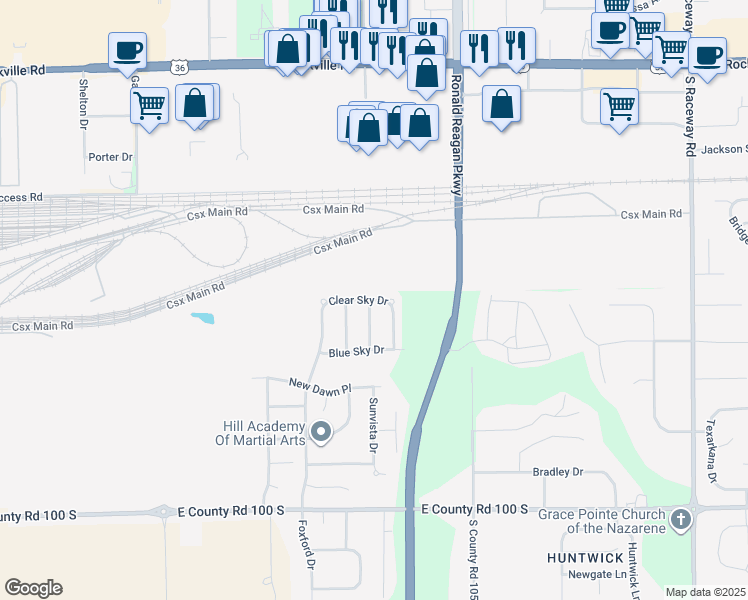 map of restaurants, bars, coffee shops, grocery stores, and more near 10249 Clear Sky Drive in Avon