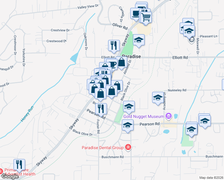 map of restaurants, bars, coffee shops, grocery stores, and more near 745 Fir Street in Paradise