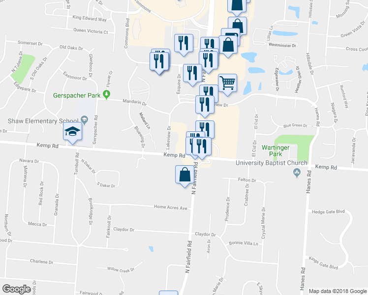 map of restaurants, bars, coffee shops, grocery stores, and more near 3294 Kemp Road in Dayton