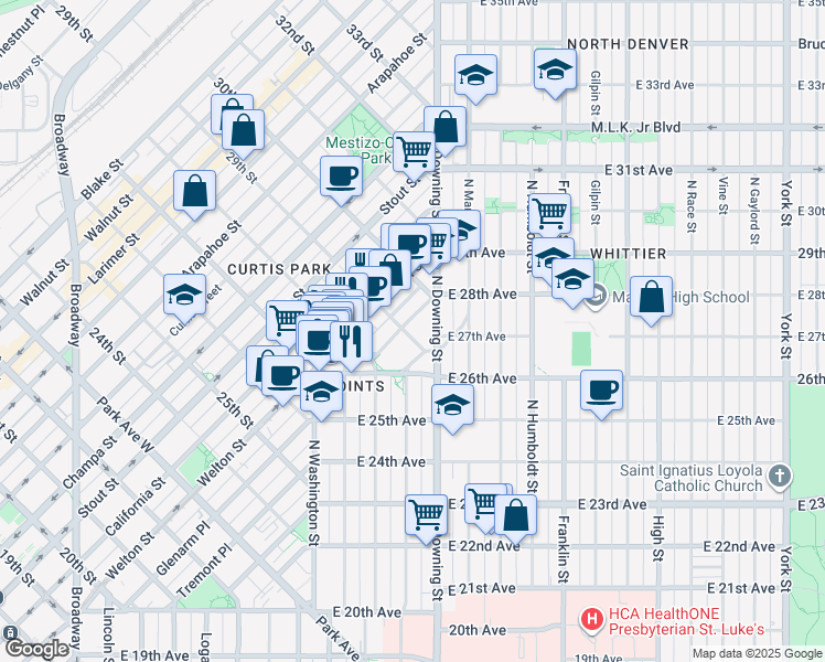 map of restaurants, bars, coffee shops, grocery stores, and more near in Denver