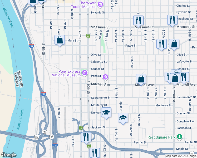 map of restaurants, bars, coffee shops, grocery stores, and more near 1205 South 11th Street in Saint Joseph