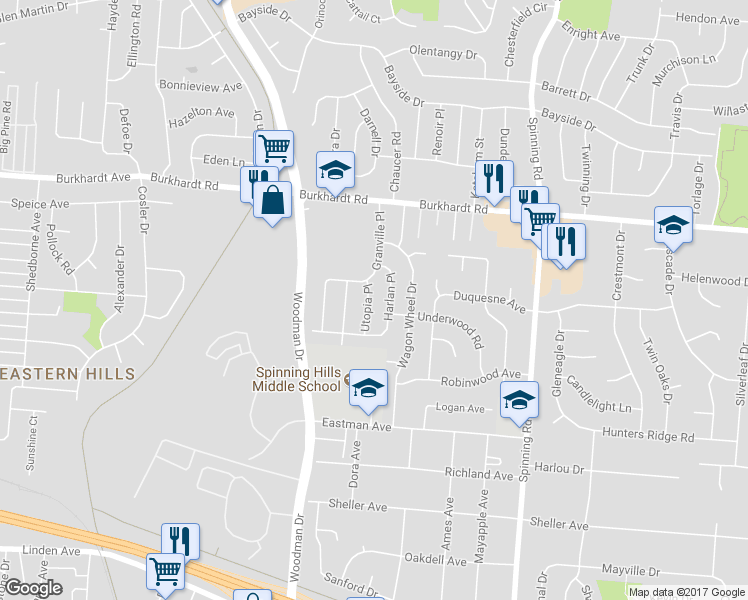 map of restaurants, bars, coffee shops, grocery stores, and more near 750 Utopia Place in Dayton