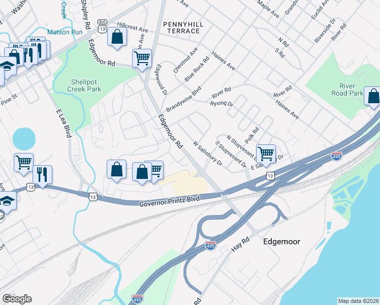map of restaurants, bars, coffee shops, grocery stores, and more near 42 West Salisbury Drive in Wilmington