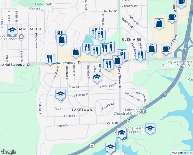 map of restaurants, bars, coffee shops, grocery stores, and more near 3312 Saxony Road in Springfield