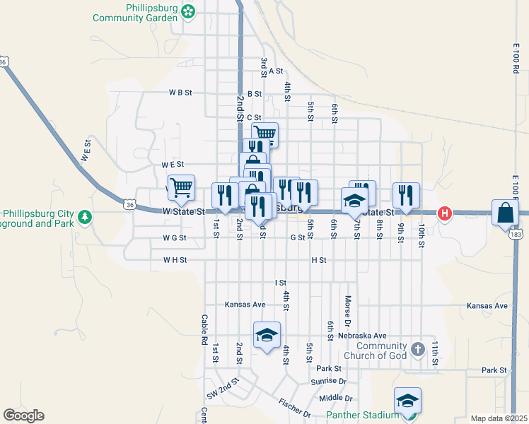 map of restaurants, bars, coffee shops, grocery stores, and more near 300 State Street in Phillipsburg