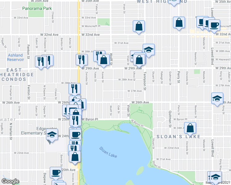 map of restaurants, bars, coffee shops, grocery stores, and more near 2658 Wolff Street in Denver