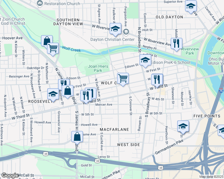 map of restaurants, bars, coffee shops, grocery stores, and more near 1518 West 2nd Street in Dayton